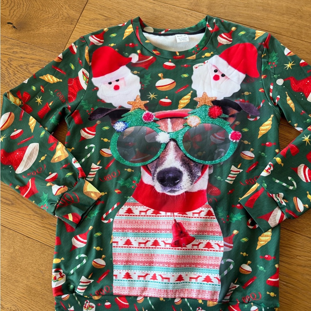 Festive Green Kids Sweatshirt with Santa and Dog Print